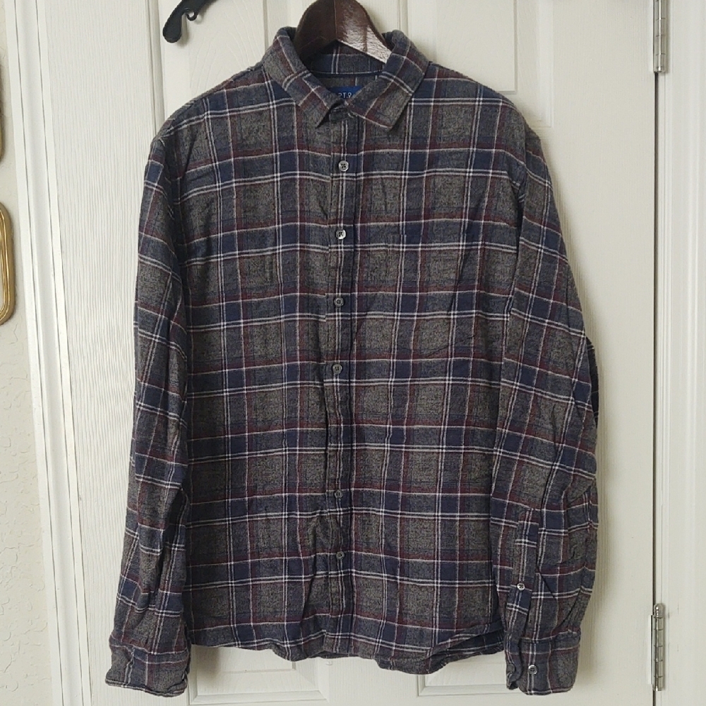 Apt. 9 Mens Blue, Burgundy and Gray Plaid Casual Button Down Shirt